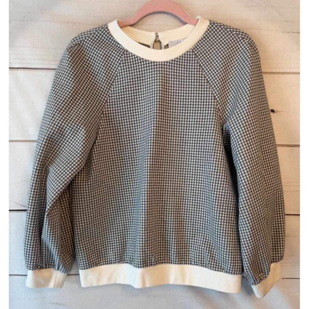 Pearl by Lela Rose Gingham Raglan Sweatshirt Top Black White Keyhole Back M